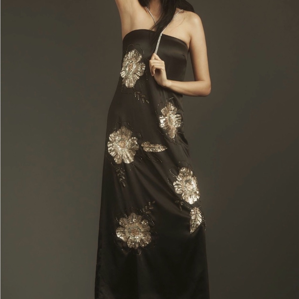 Let Me Be Strapless Embellished Midi/Maxi Dress with Gold Sequin Floral Accents